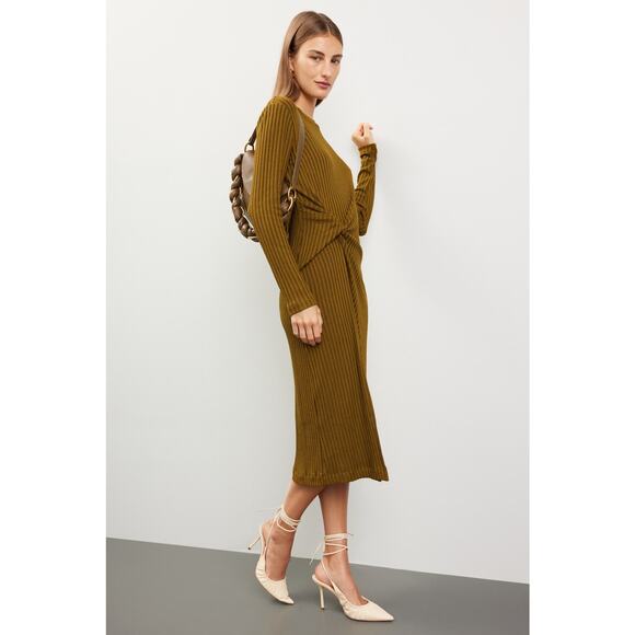Tanya Taylor Elana Green Brown Ribbed Knit Long Sleeve Knotted Midi Dress Size M - Picture 2 of 16